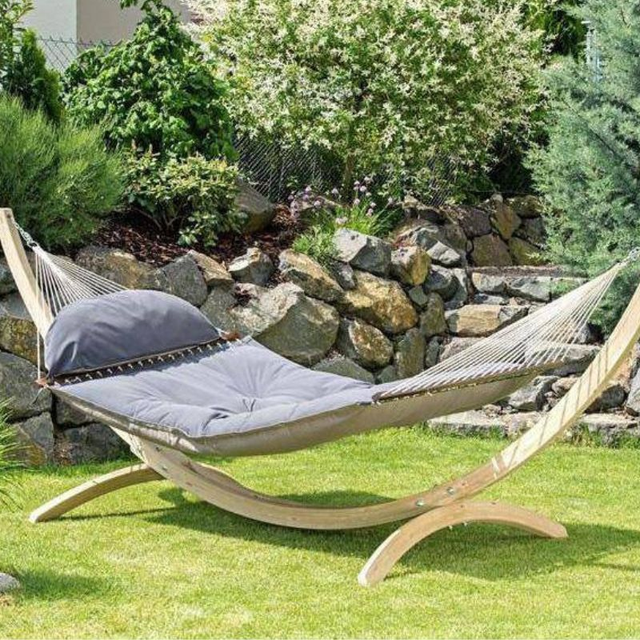 A beautiful hand-crafted, wooden framed, low hanging hammock