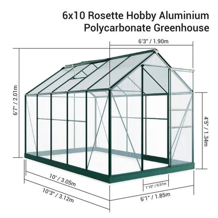 StoreMore Greenhouse Rosette Hobby 6 x 10 Aluminium Greenhouse with Polycarbonate Glazing G1001F-D-Green Rosette Hobby 6 x 10 Aluminium Greenhouse with Polycarbonate Glazing 5055715914680